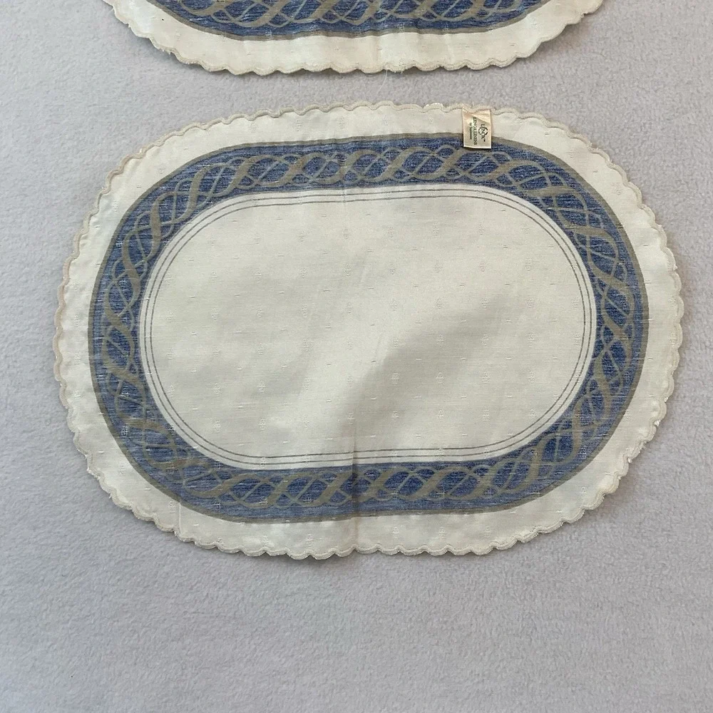 Lenox Hamilton Oval Placemats Cloth Set Of 2 Ivory Gold Navy Blue Vintage Lot #5